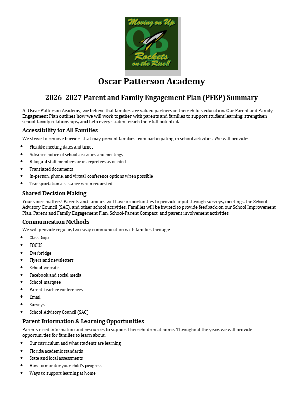 2026-2027 Parent and Family Engagement Plan Summary(English)
