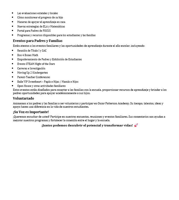 2026-2027 Parent and Family Engagement Plan Summary(Spanish)