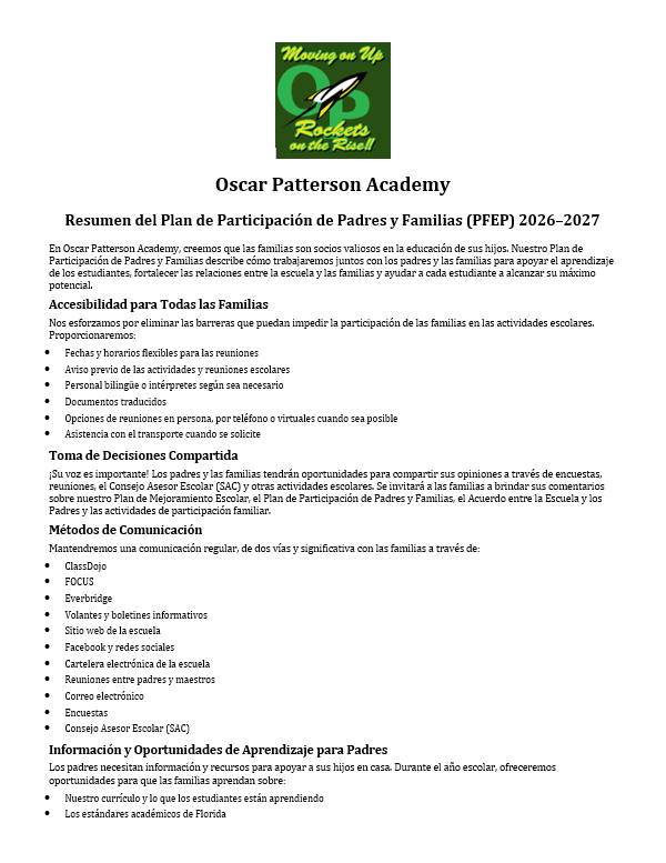 2026-2027 Parent and Family Engagement Plan Summary(Spanish)