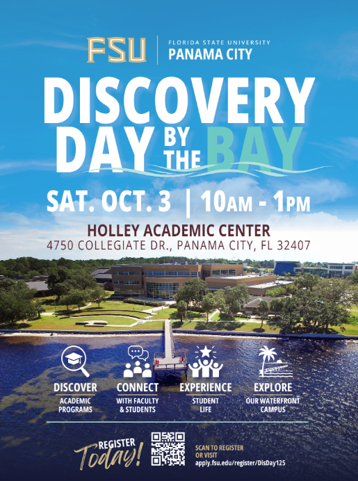 Flyer for Discovery Day By the Bay, Oct 3 10a-1p- learn about FSU PC
