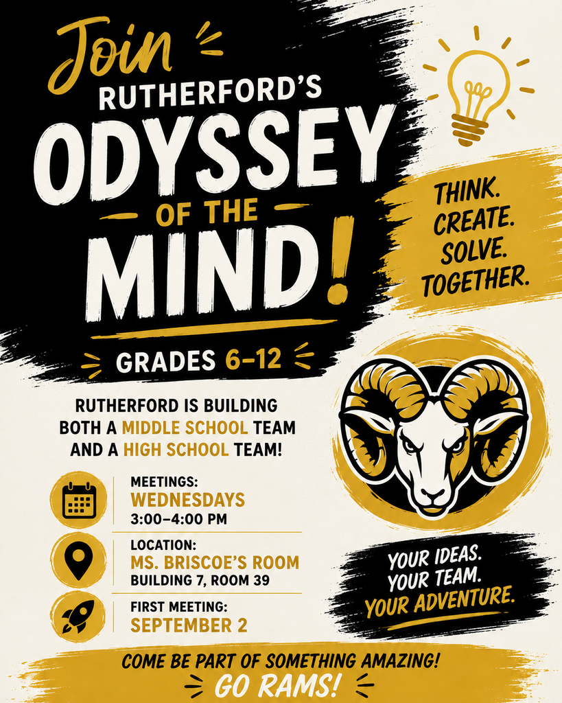 Flyer advertising Rutherford's Odyssey of the Mind teams, meetings Wednesdays 3-4 in Briscoe's room