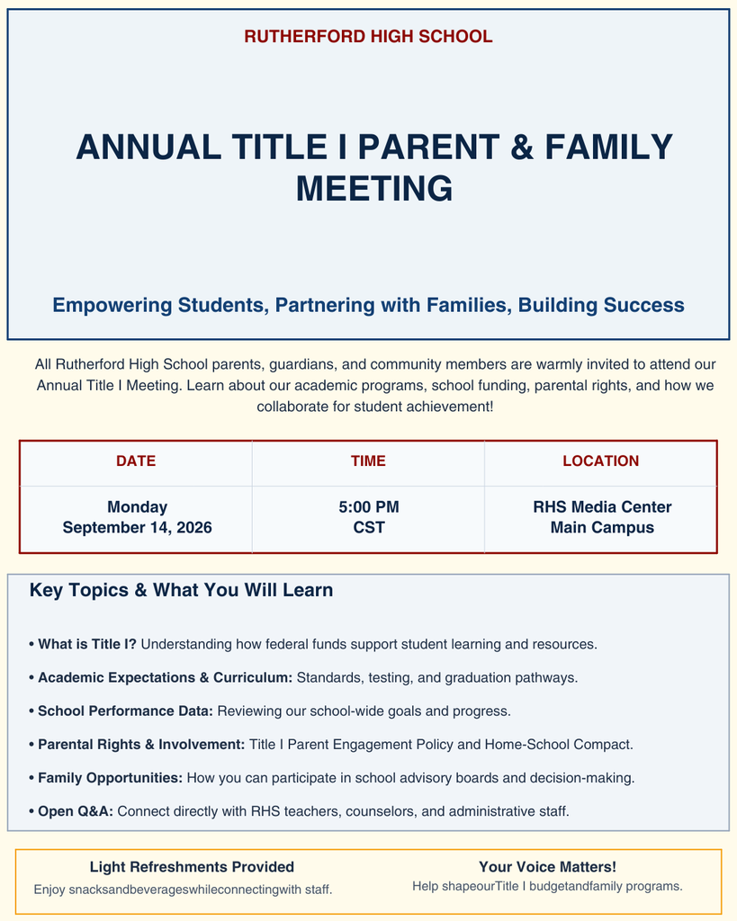 Rutherford Title I Annual Meeting, Monday, September 14 5pm