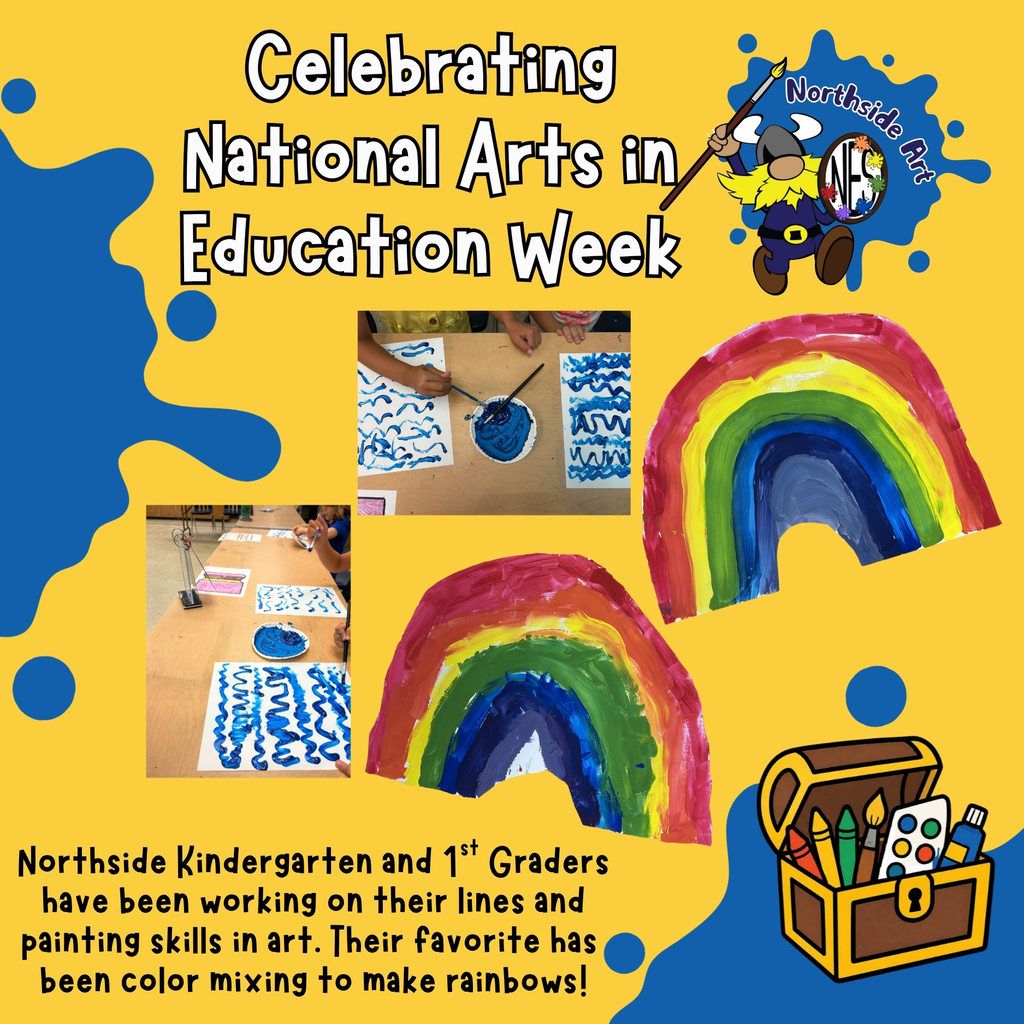 Yellow background with images of students painting lines and student made rainbows with text of post