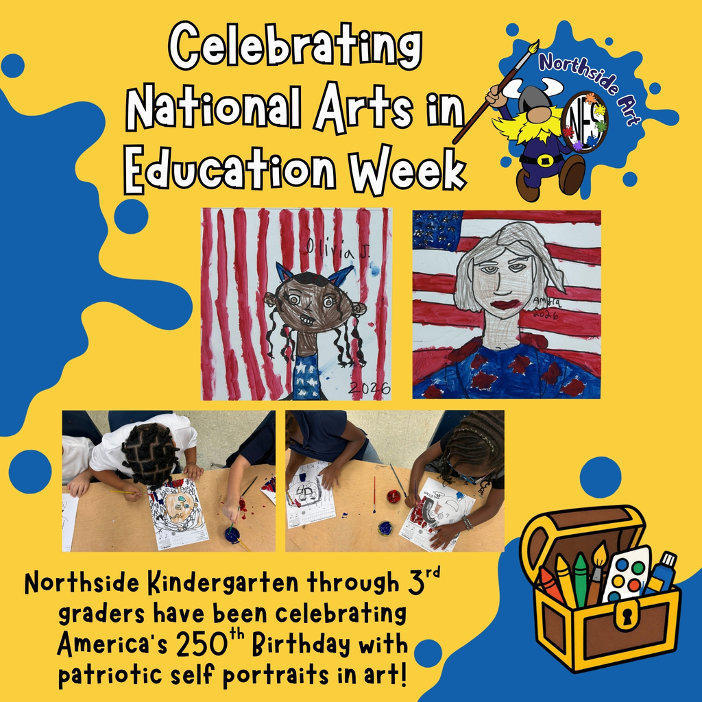 Yellow background with photos of kids drawing and painting self portraits and two girl's self portraits with flag decorations