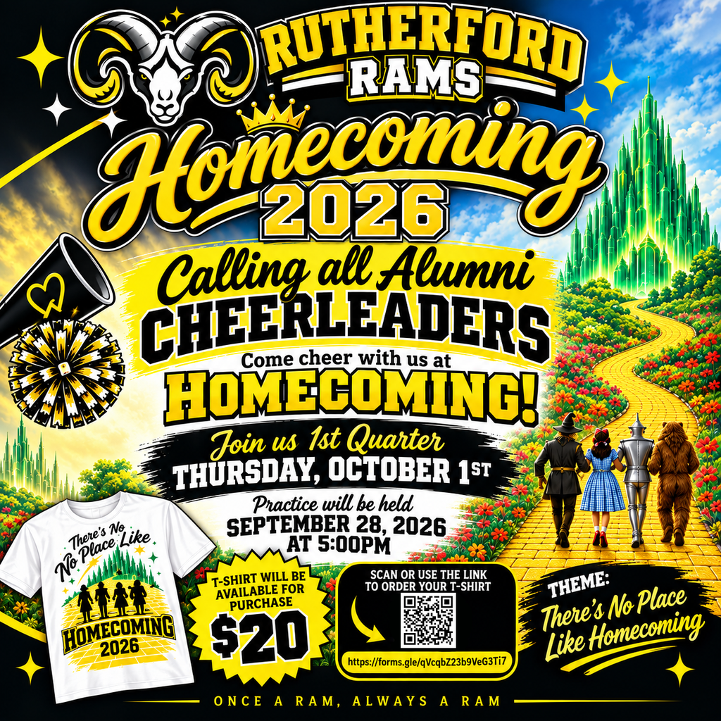 Flyer inviting past Rutheford cheerleaders to homecoming game October 1, practice Sept 28 at 5pm