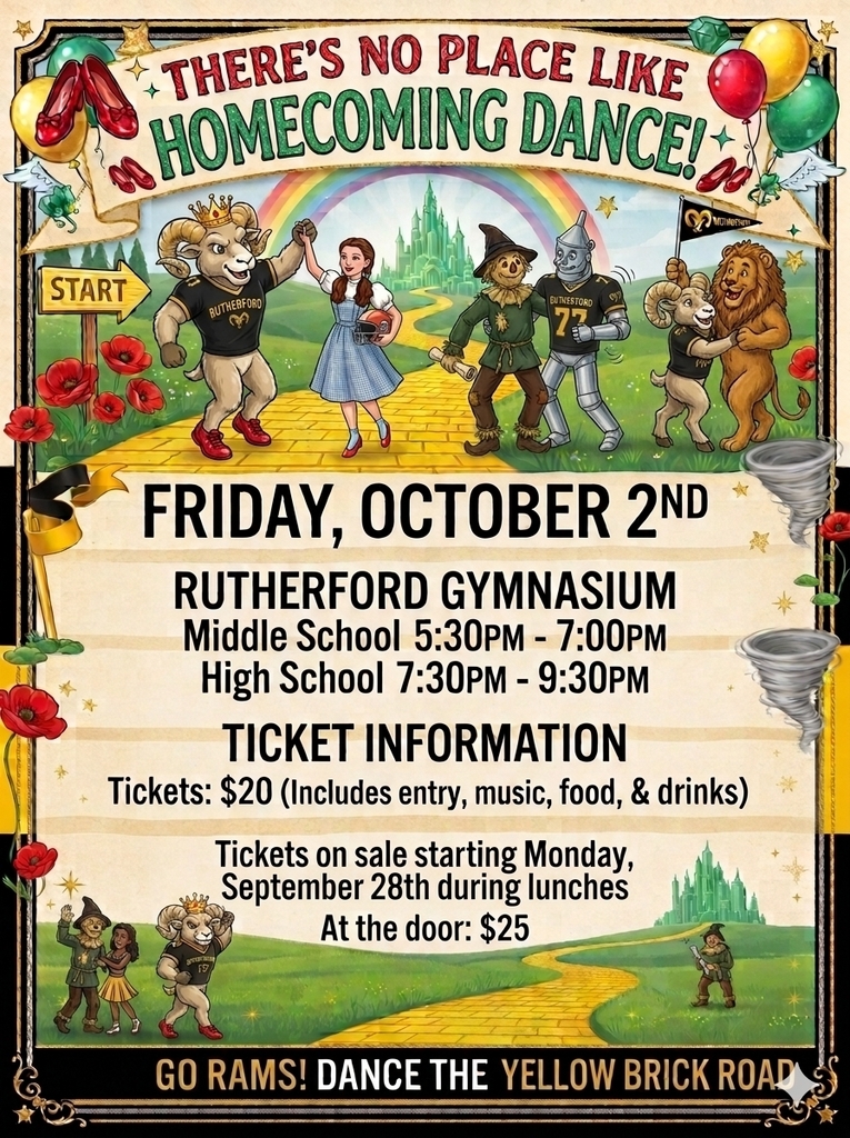 Flyer for Rutherford homecoming dance October 2 5:30 for Middle School, 7:30 for High school in the gym