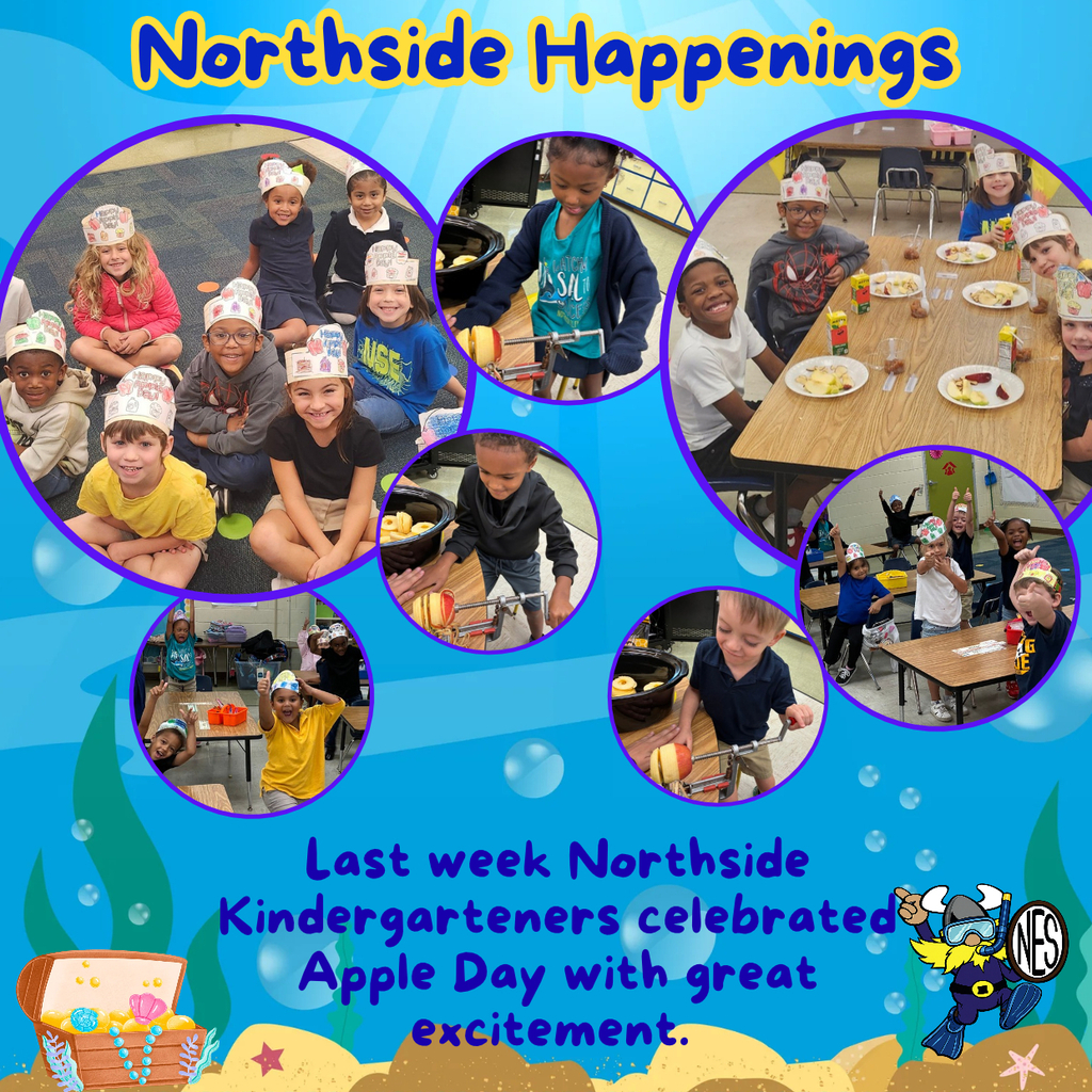 blue background with bubbles of photos of kindergarten students with apples and same text as message