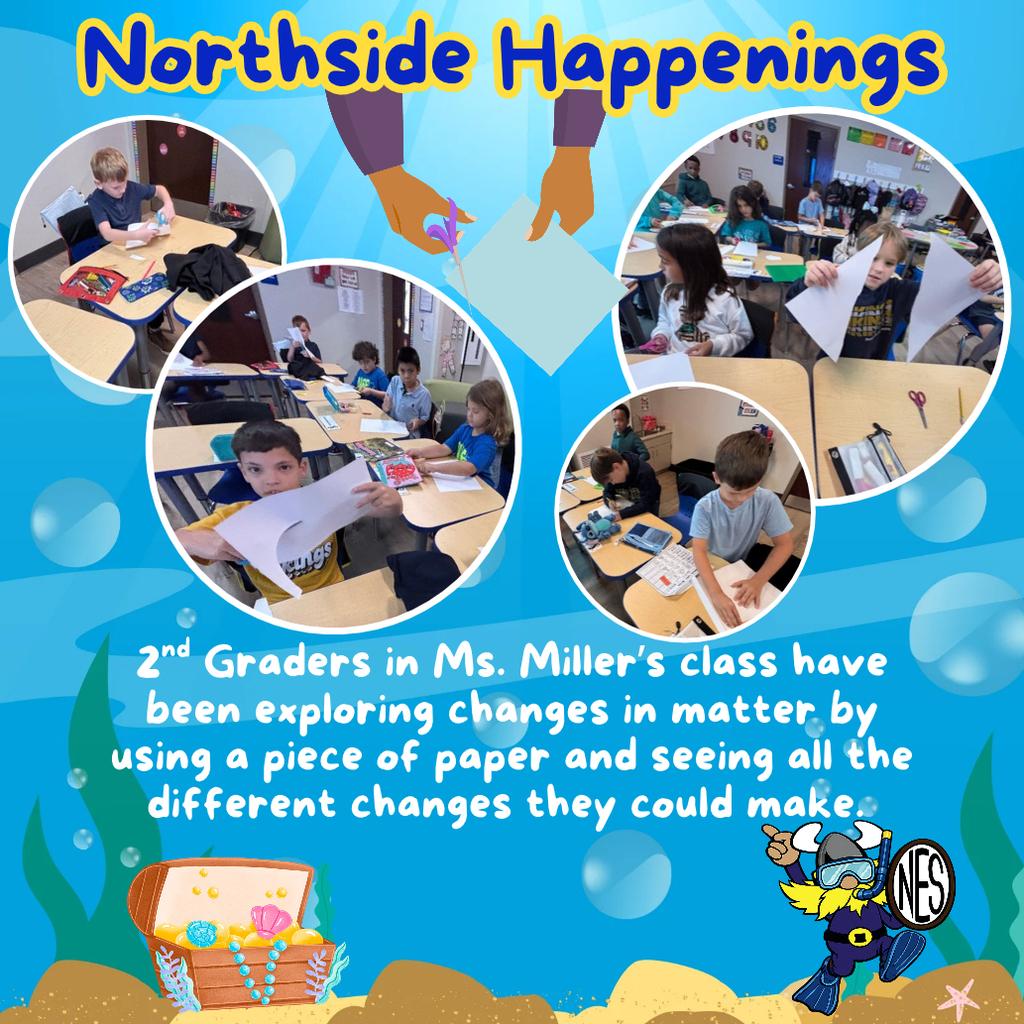 blue background with text of message and photos of students in classroom cutting and folding paper