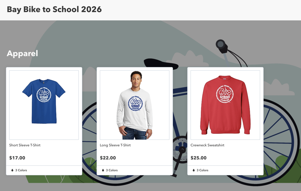 Bike to School Spirit Wear Sale photo showing three different tee and sweatshirt options for the May 2026 event.