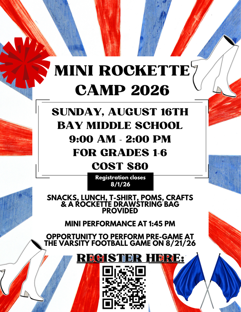 Mini Rockette Camp Flyer for August 16 at Bay Middle School with red, white and blue design and a QR Code