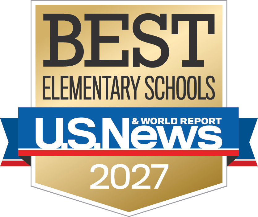 Best Elementary School badge icon with a gold background, blue ribbon and black and white text.
