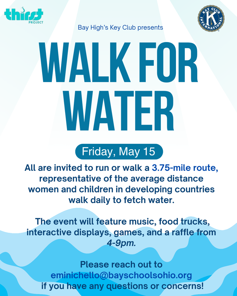 Walk for Water flyer for May 15, 2026. The flyer includes information about the event and has some blue waves on it.