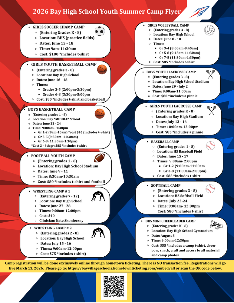 bay high school summer youth camps flyer 2026