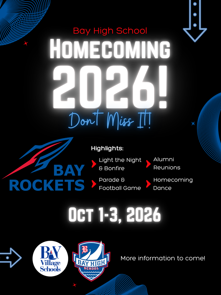 Homecoming Poster image Oct. 1-3, 2026 with red and blue text on white and black background with district and high school logos.