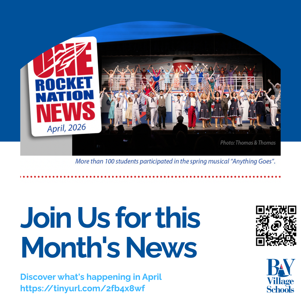 April 2026 ENews Template with photo of the spring musical students, a link and a QR code for the issue.