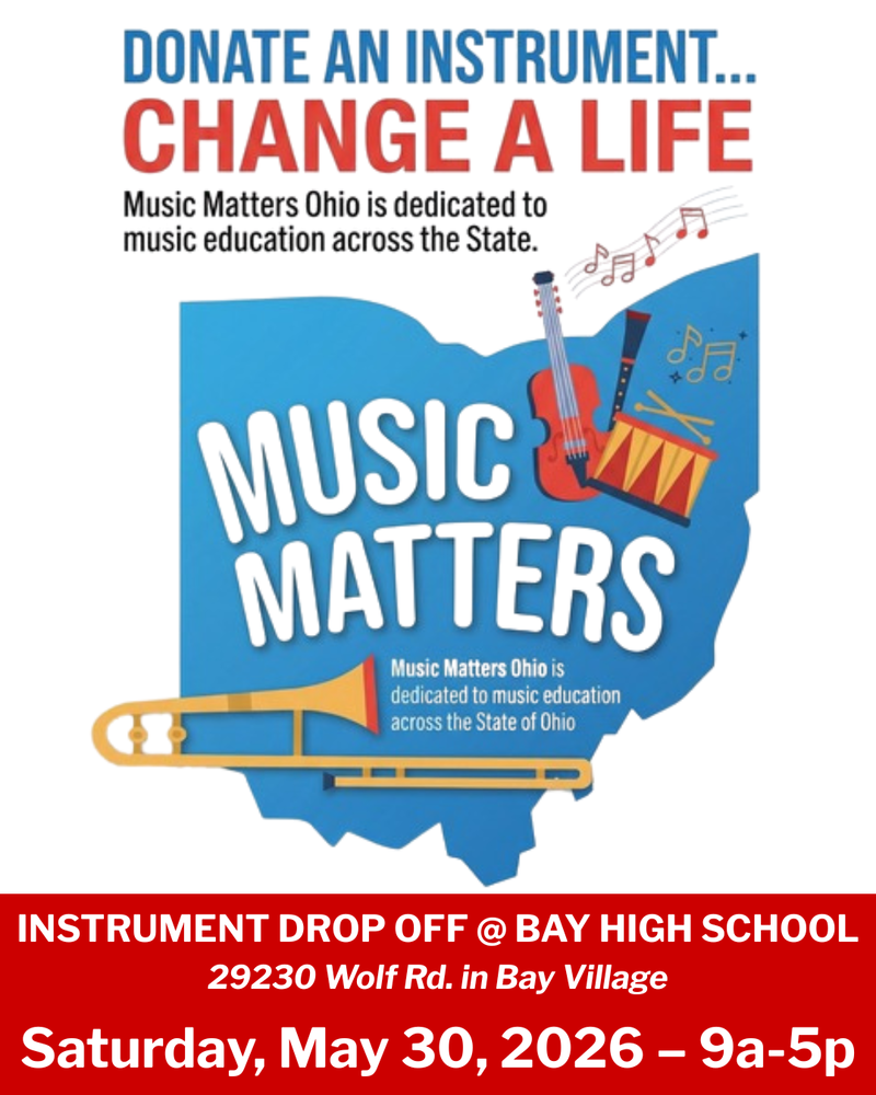 Music Matters Flyer for musical instruments drop off at BHS on May 30, 2026, 9a-5p with trombone image.
