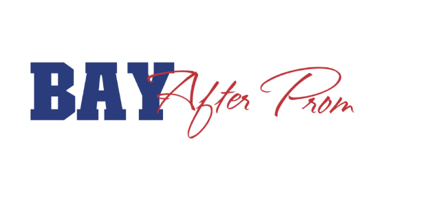 Bay After Prom Logo that is text only and blue and red in color.