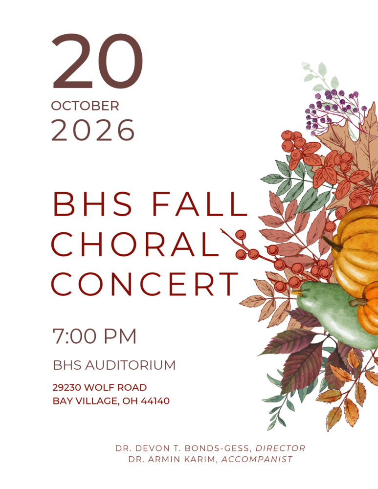 Fall Choral Concert Flyer for 10-20-26 with white background, brown content and a fall motif.
