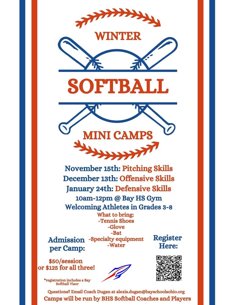 Softball Mini Camps Flyer with a red, white and blue motif, with bats on the flyer, dates and registration info.