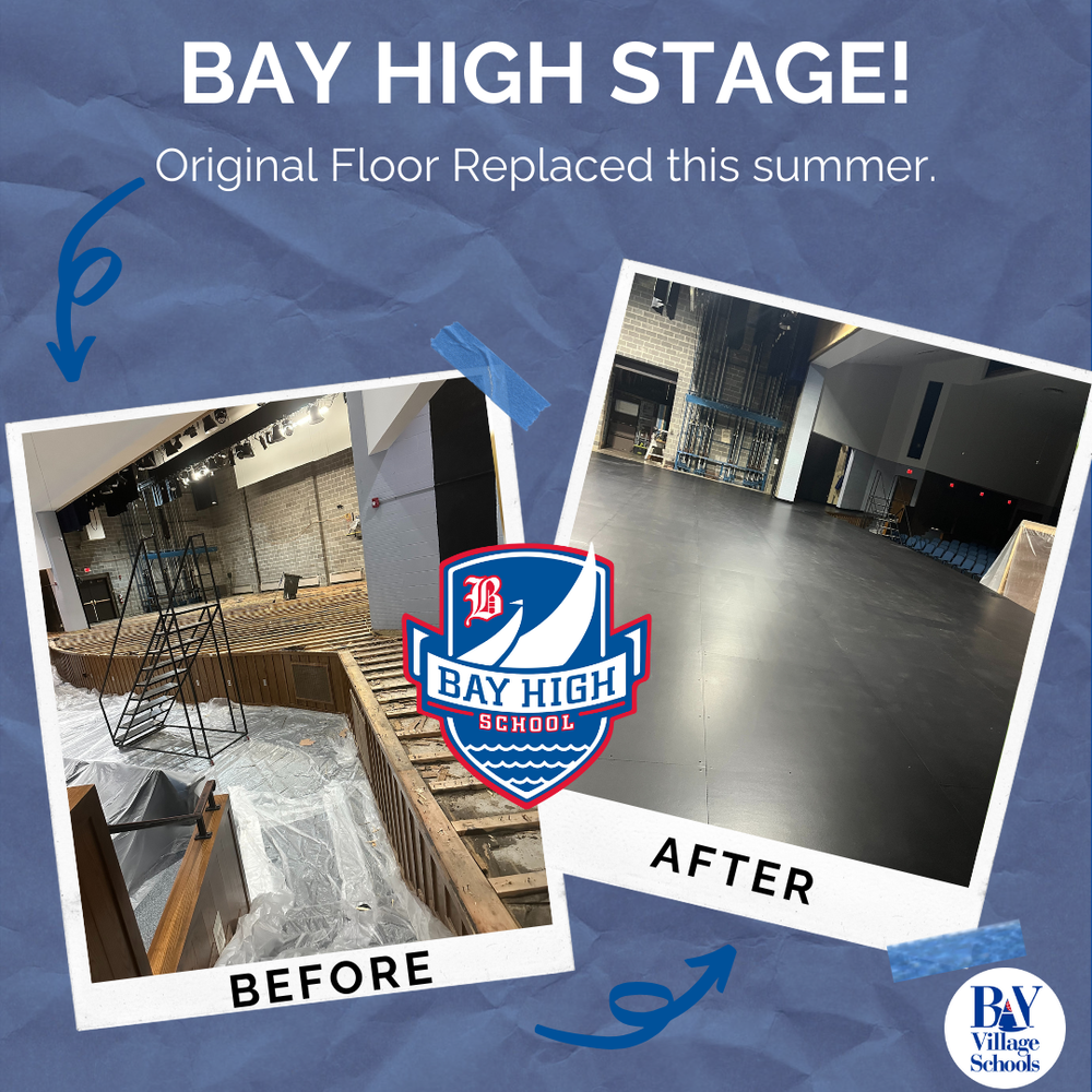 Bay High Stage before and after photos from summer of 2025 renovation project.