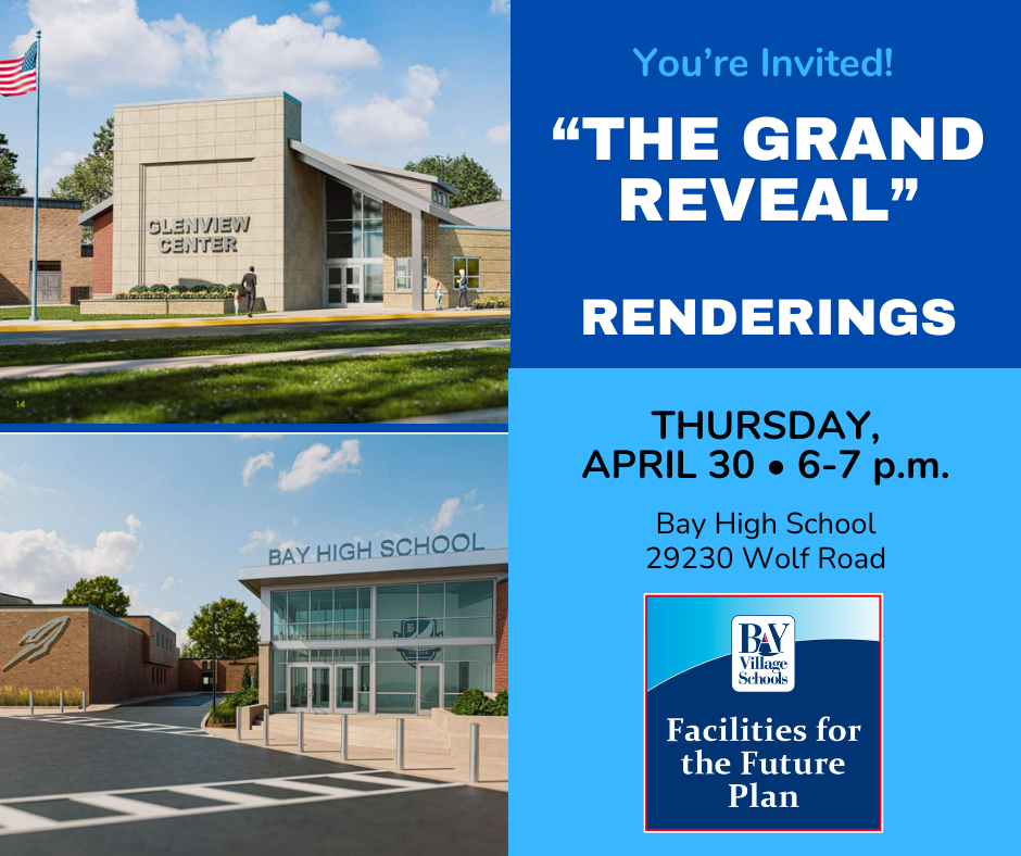 the grand reveal renderings ad promoting a groundbreaking event on thursday, april 30, 2026 at 6 p.m. at the bay high school event entrance