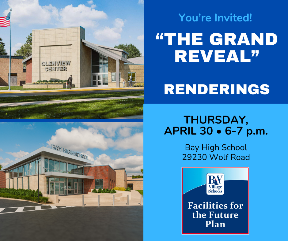 the grand reveal renderings ad promoting a groundbreaking event on thursday, april 30, 2026 at 6 p.m. at the bay high school event entrance