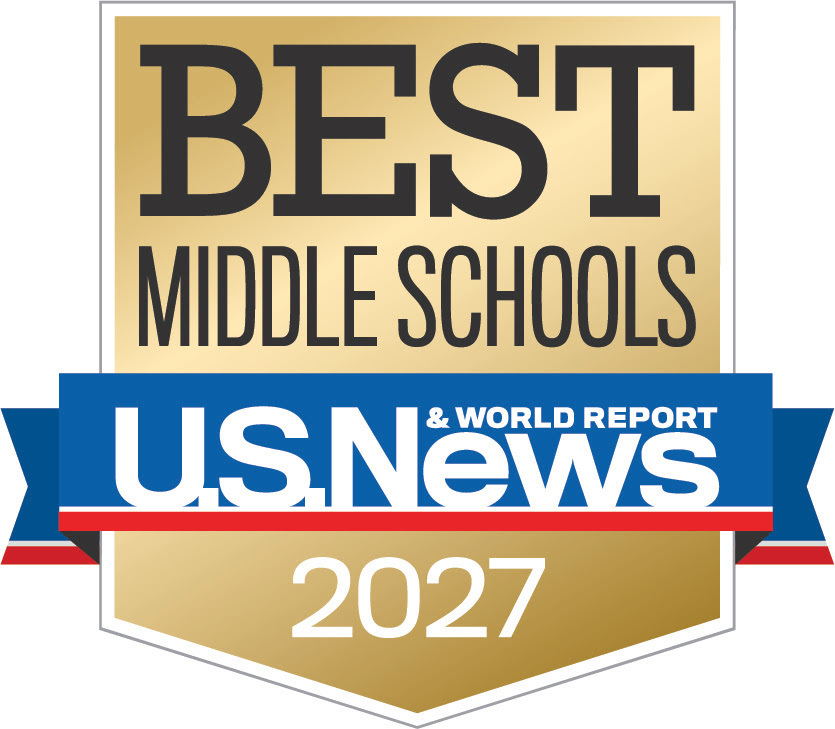 Best Middle School badge icon with a gold background, blue ribbon and black and white text.