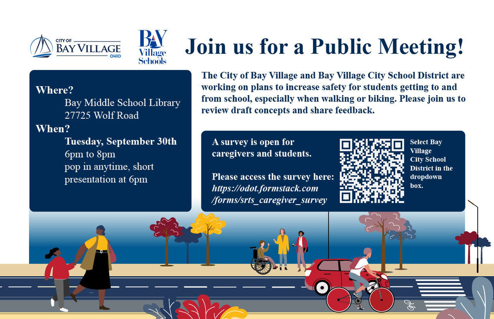 transportation safety survey meeting flyer for 9-30-25 at bay middle school library