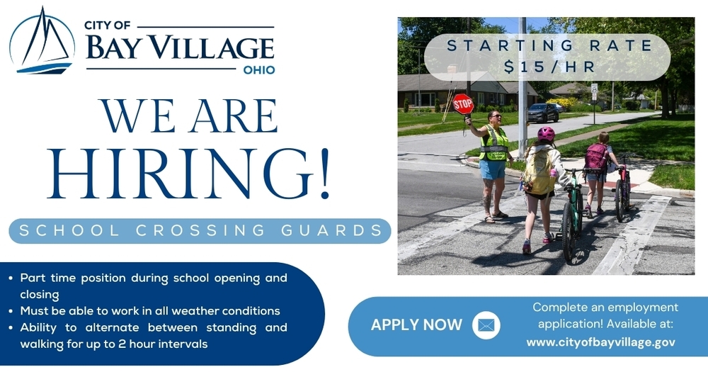 School crossing guard ad for Bay Village, showing a guard with two student cyclists and content informaiton.