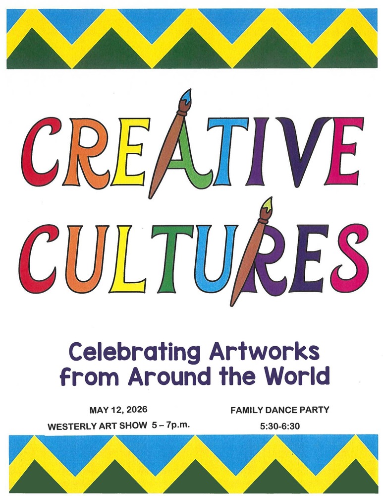 Westerly art show flyer for May 12, 2026 event with creative cultures text and a paintbrush graphic.