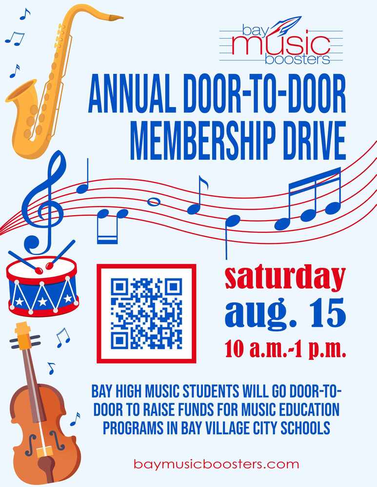 Bay Music Boosters' door to door fundraising campaign flyer for august 15, with text, musical instruments and a qr code.