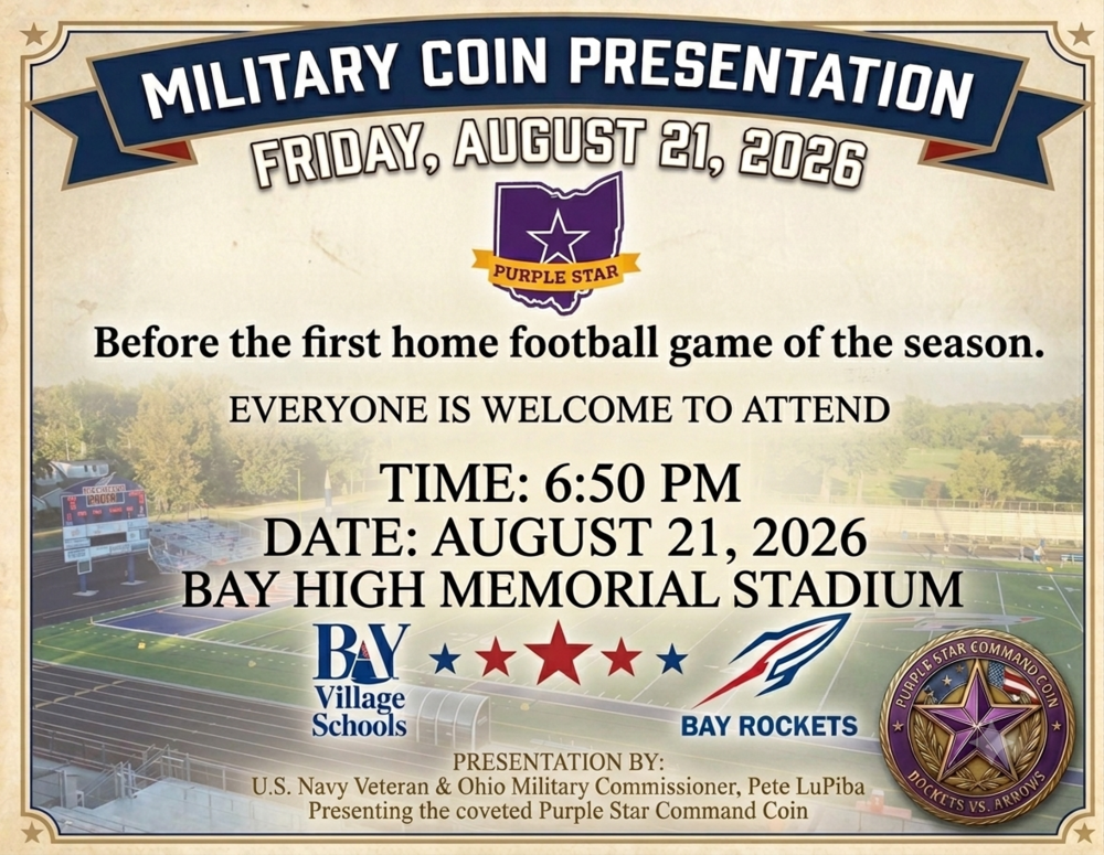 military coin presentation flyer for an 8-21-26 event with logos, stars and an image of bay high memorial stadium