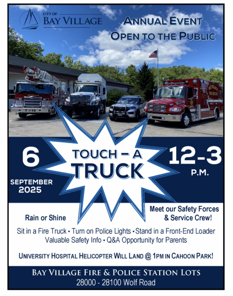 touch a truck flyer for sept 6, 2025 at the bay village fire and police station lots