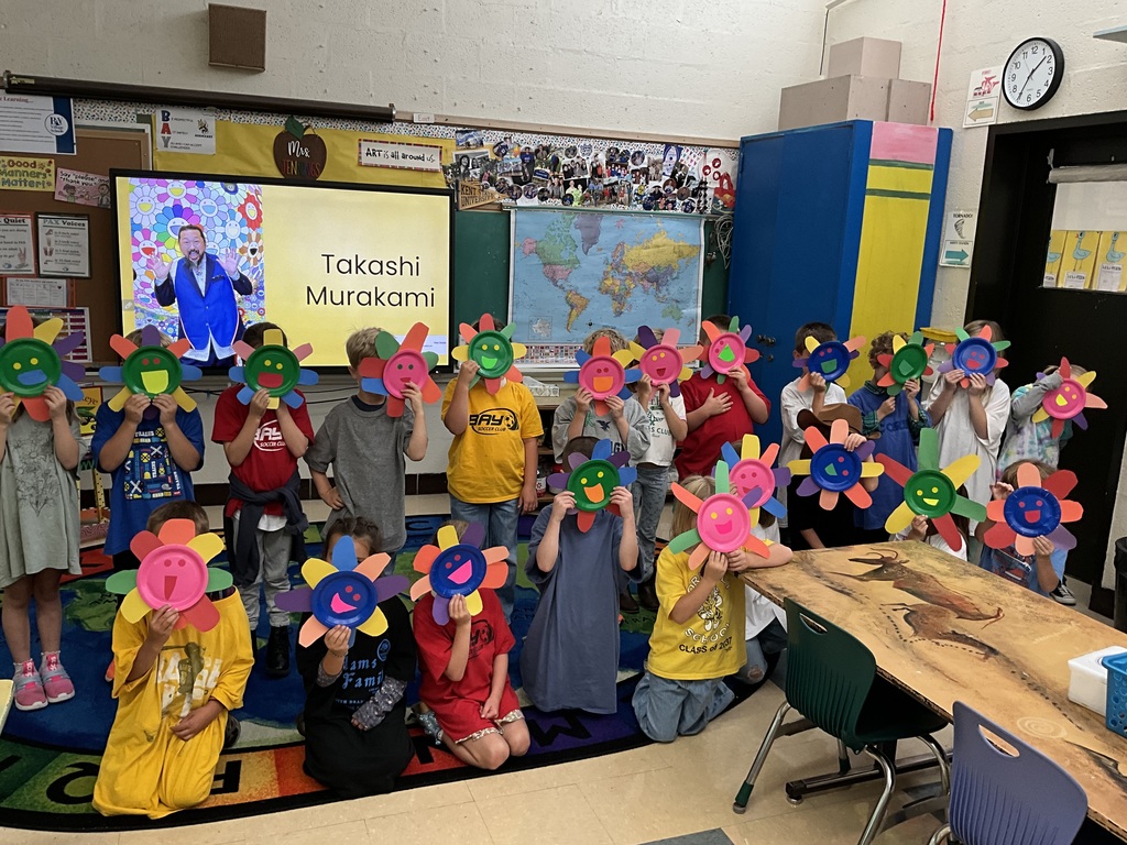 First grade students learning about Japanese artist Takashi Murakami.