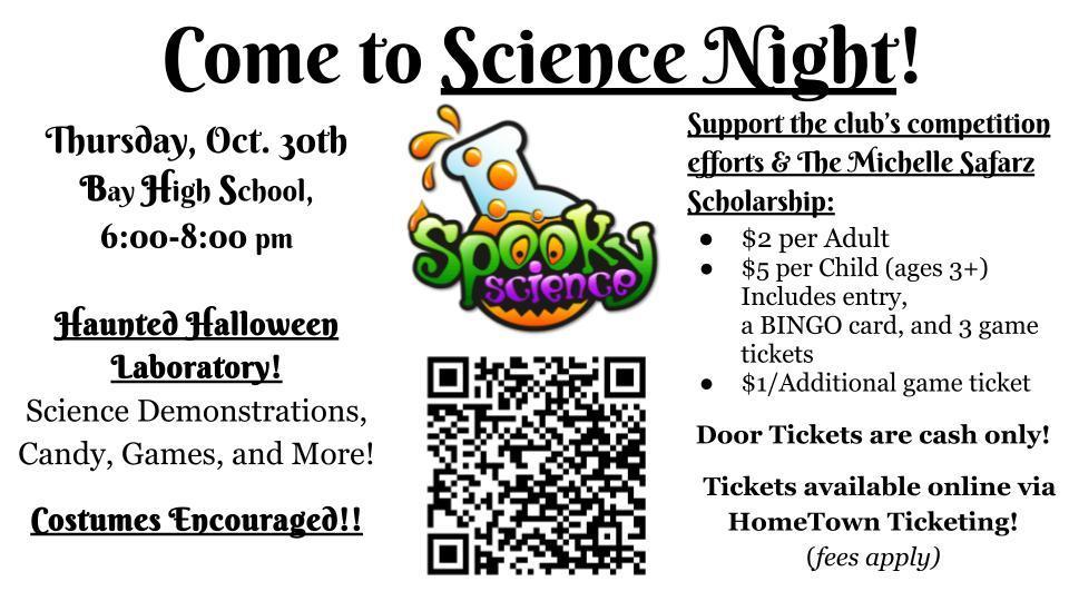 science night on oct. 30, 2025 at bay high school flyer