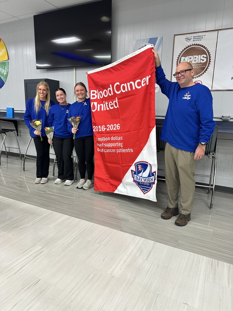blood cancer united banner with team it takes a village and bhs principal jason martin