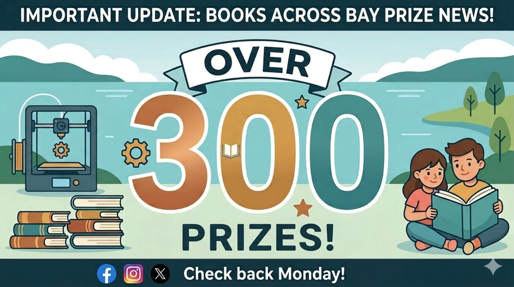 Books Across Bay prizes image. Prizes announced March 23, 2026