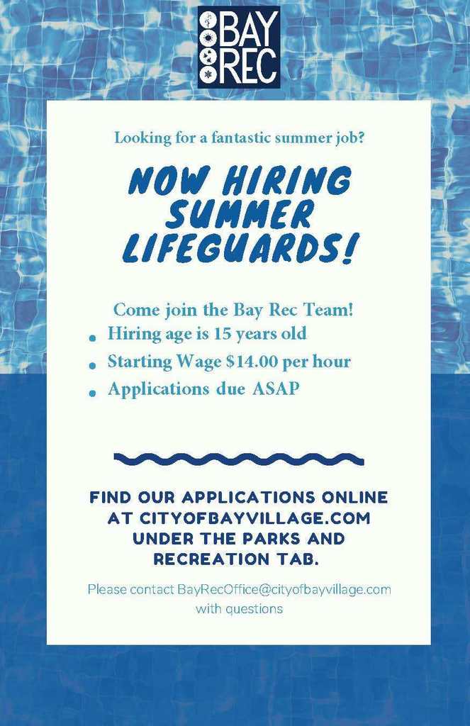 city of bay village is hiring summer 2026 lifeguards flyer for bay recreation dept. 