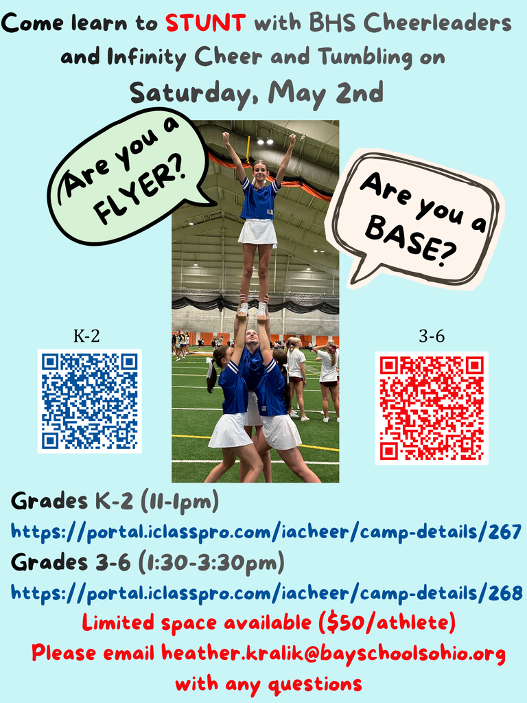stunt camp flyer for bay village cheer team with camps on may 2, 2026 for grades k-6