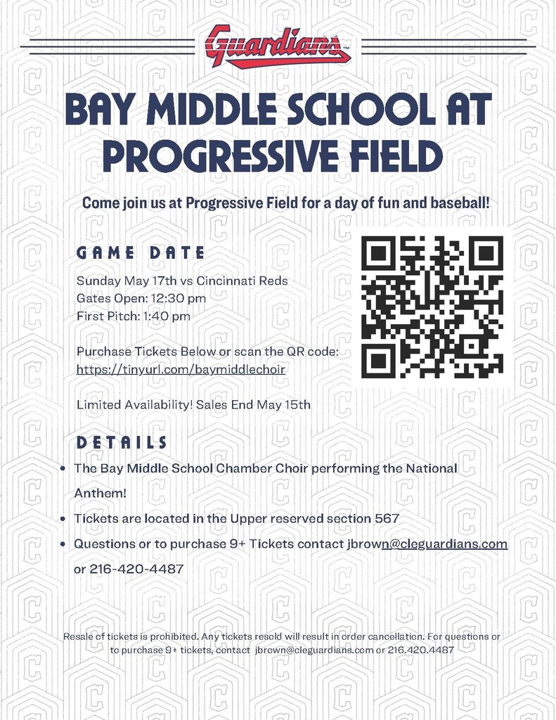 Bay Middle School Chamber Choir Performs the National Anthem at the Guardians Baseball Game flyer for Sunday, May 17, 2026 with a 1:40 p.m. first pitch