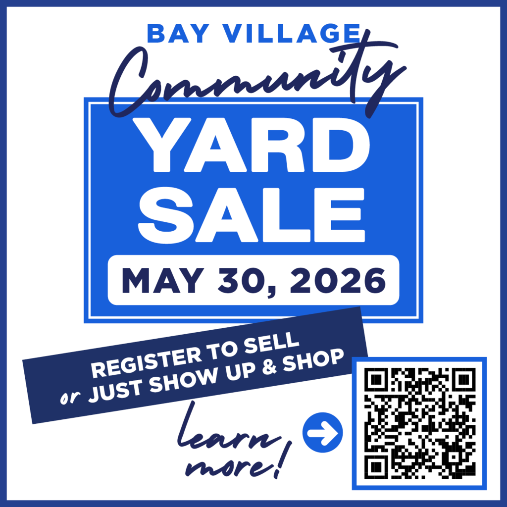 A flyer of the Bay Village Community Yard Sale event on Sat., May 30, 2026 with QR Code for more information.