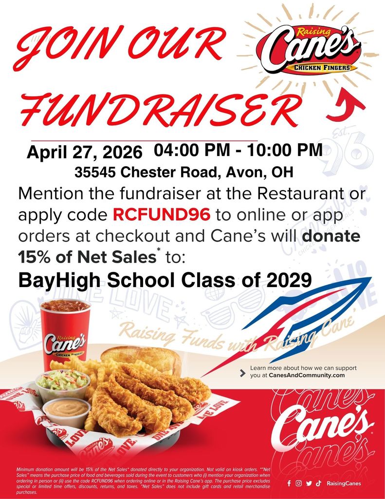 Class of 2029 fundraiser flyer for an event at Cane's on Monday, April 27 from 4-10 p.m.