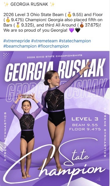 An image of Normandy second-grader Georgia Rusnak at the State Gymnastics Meet. 