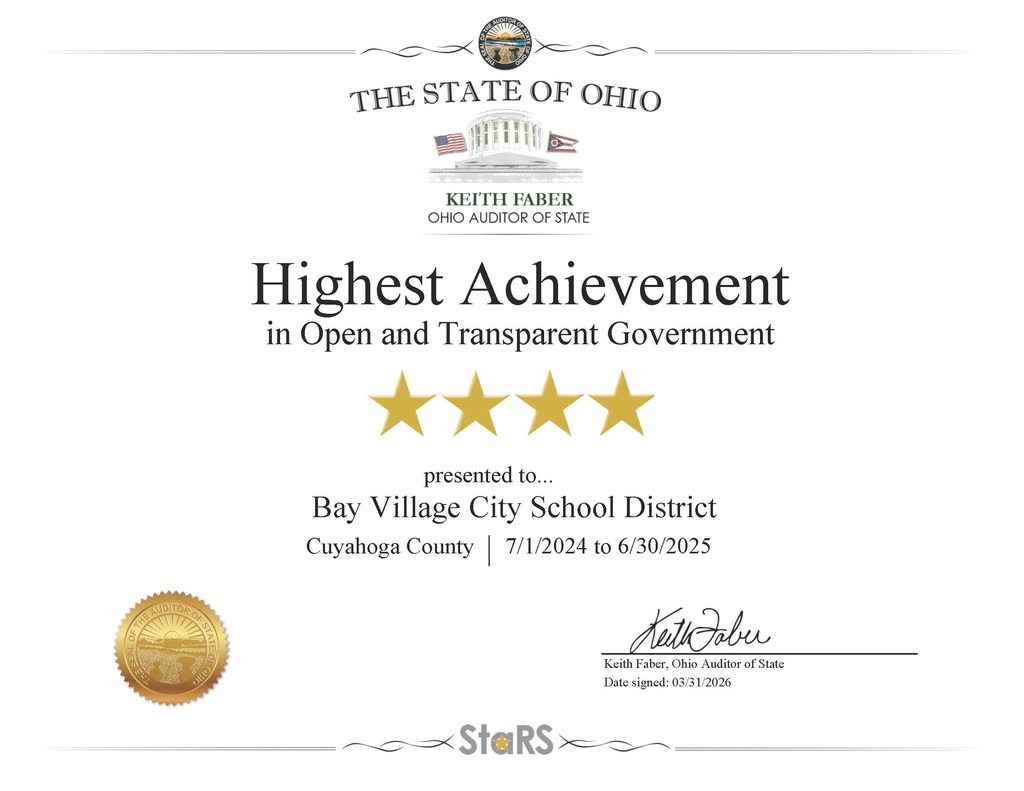 Auditor of State award certificate for 2025 FY image. 