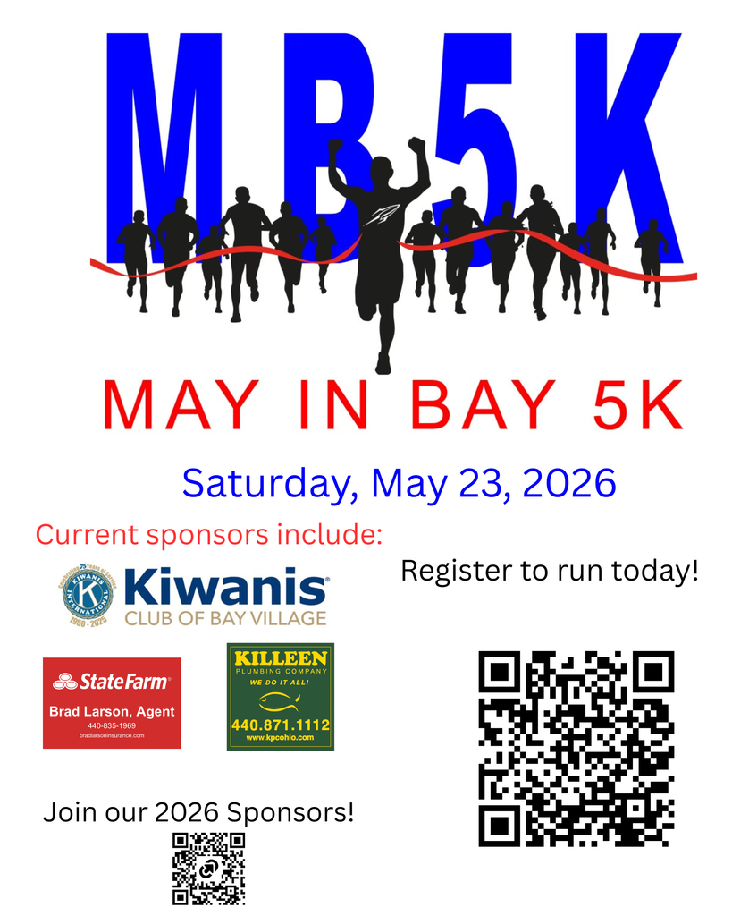 May in Bay 5K 2026 event flyer with image, info and sponsor logos.