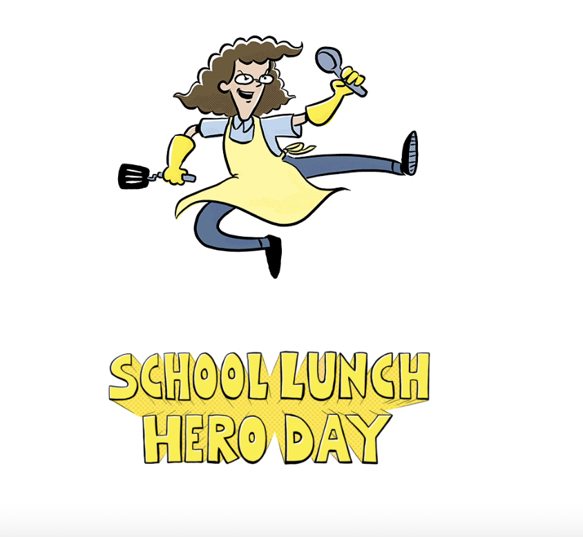 School Lunch Hero Day image with a cafeteria worker in an apron and gloves holding a spatula.