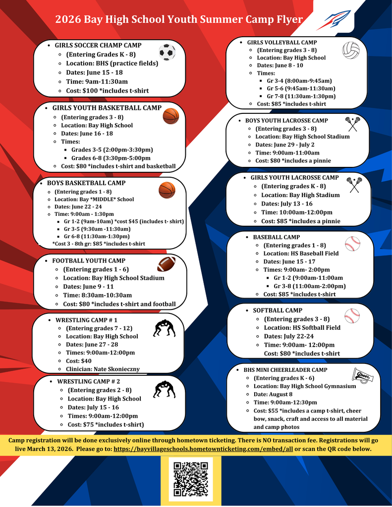 Bay High School summer camps flyer for 2026 with camp descriptions and a QR code for registration.