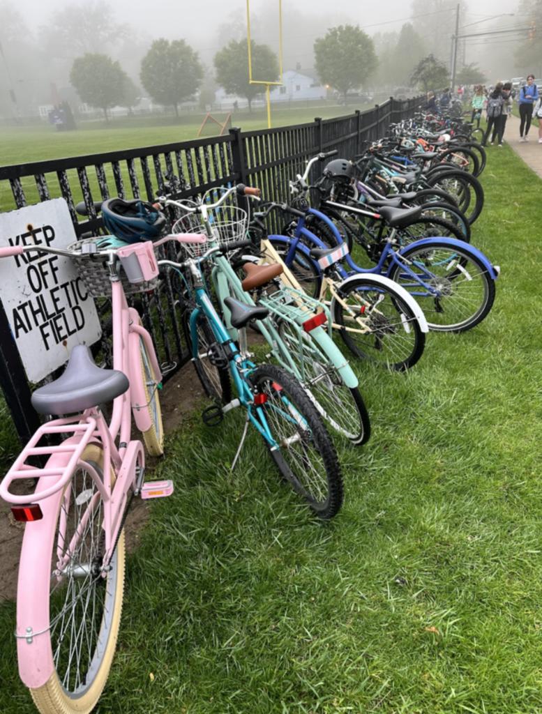 Bike to School Challenge photo of many bikes against a black fence at Bay Middle School in May 2025.