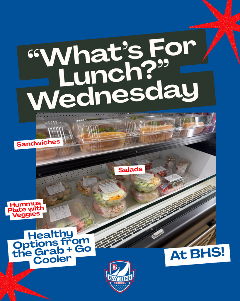 Pictures of sandwiches, hummus plates and salads in the grab and go cooler at Bay High School.