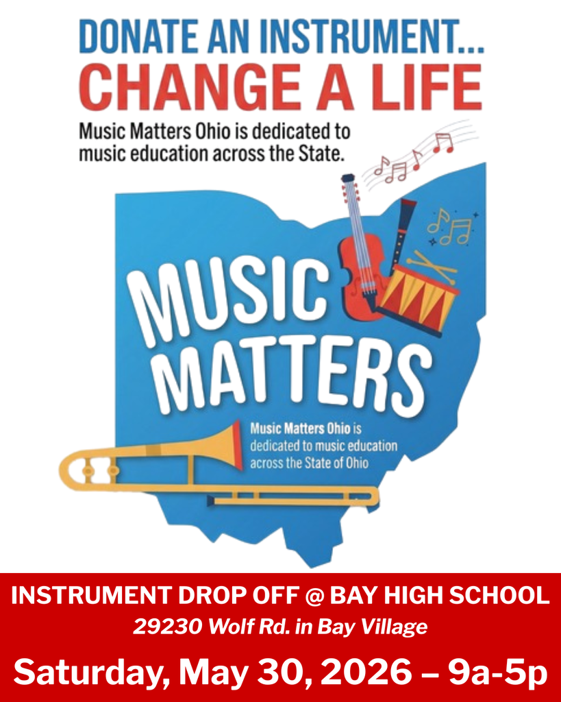 Music Matters Flyer for musical instruments drop off at BHS on May 30, 2026, 9a-5p with trombone image.